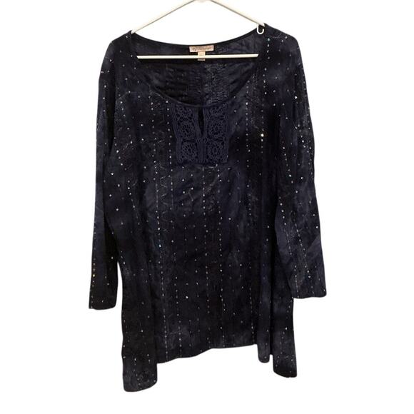 Vintage Womens Fairy Shirt Plus Size 3X Blue Sequin Embroidered Crochet Boho Y2K - Picture 1 of 8